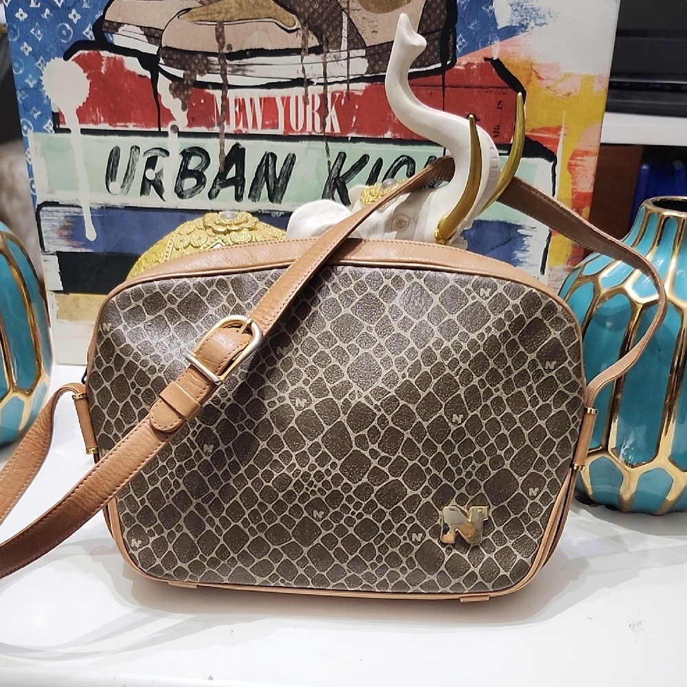 Nina Ricci Signature Logo Handbag Shoulder Bag Leather Tan Brown Animal Vtg Rare